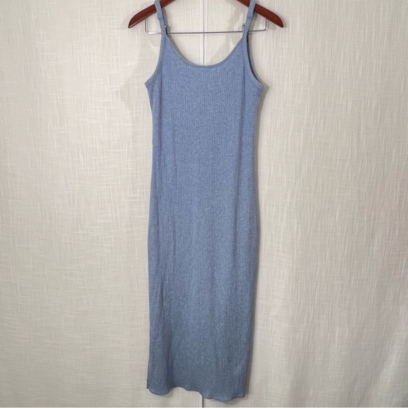 American Eagle Ribbed Stretch Knit Side Slit Soft Blue Bodycon Maxi Dress Size S - Picture 9 of 12